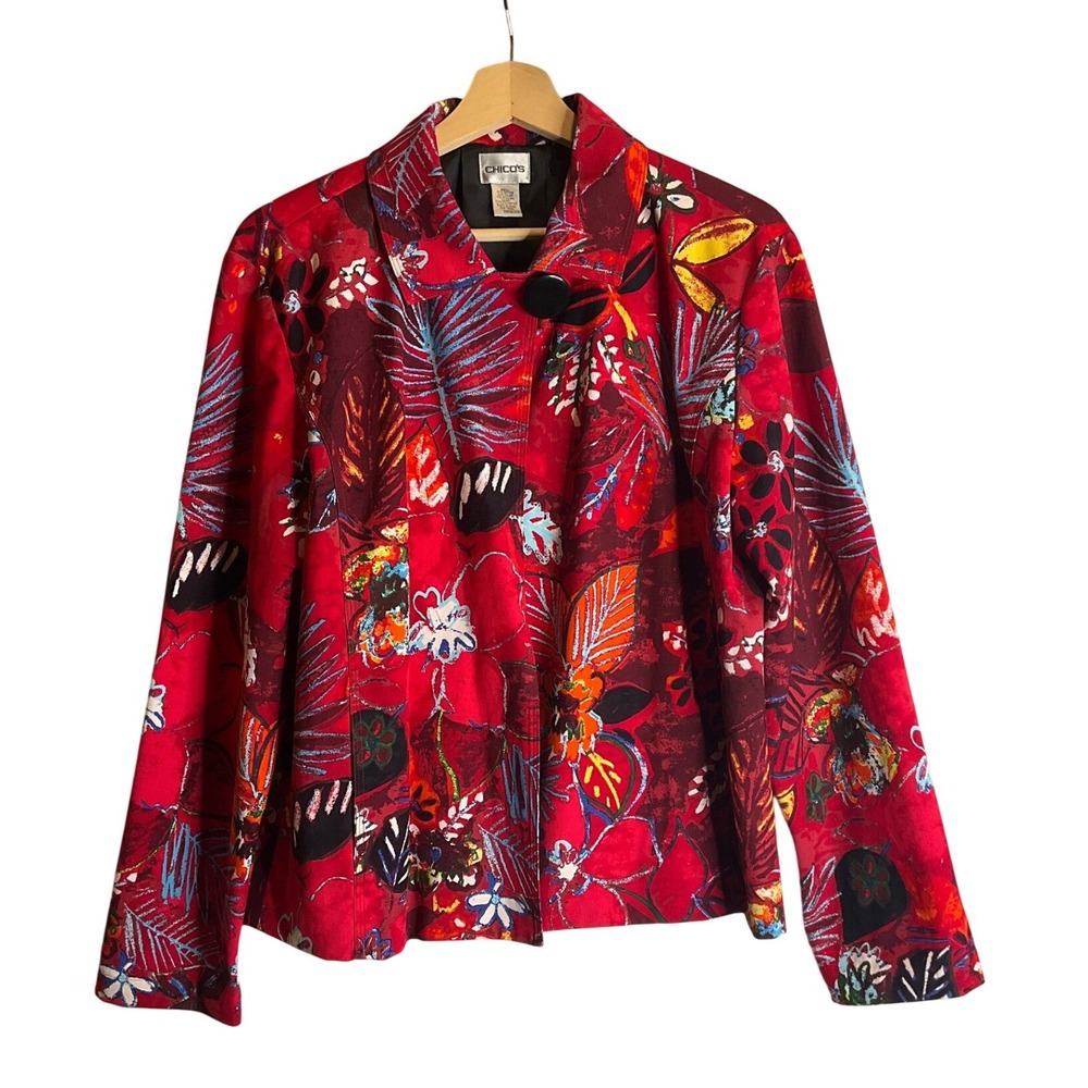 Chico's Red Open Blazer Jacket Abstract Tropical Floral Leaf Career Artsy 2/L/12
